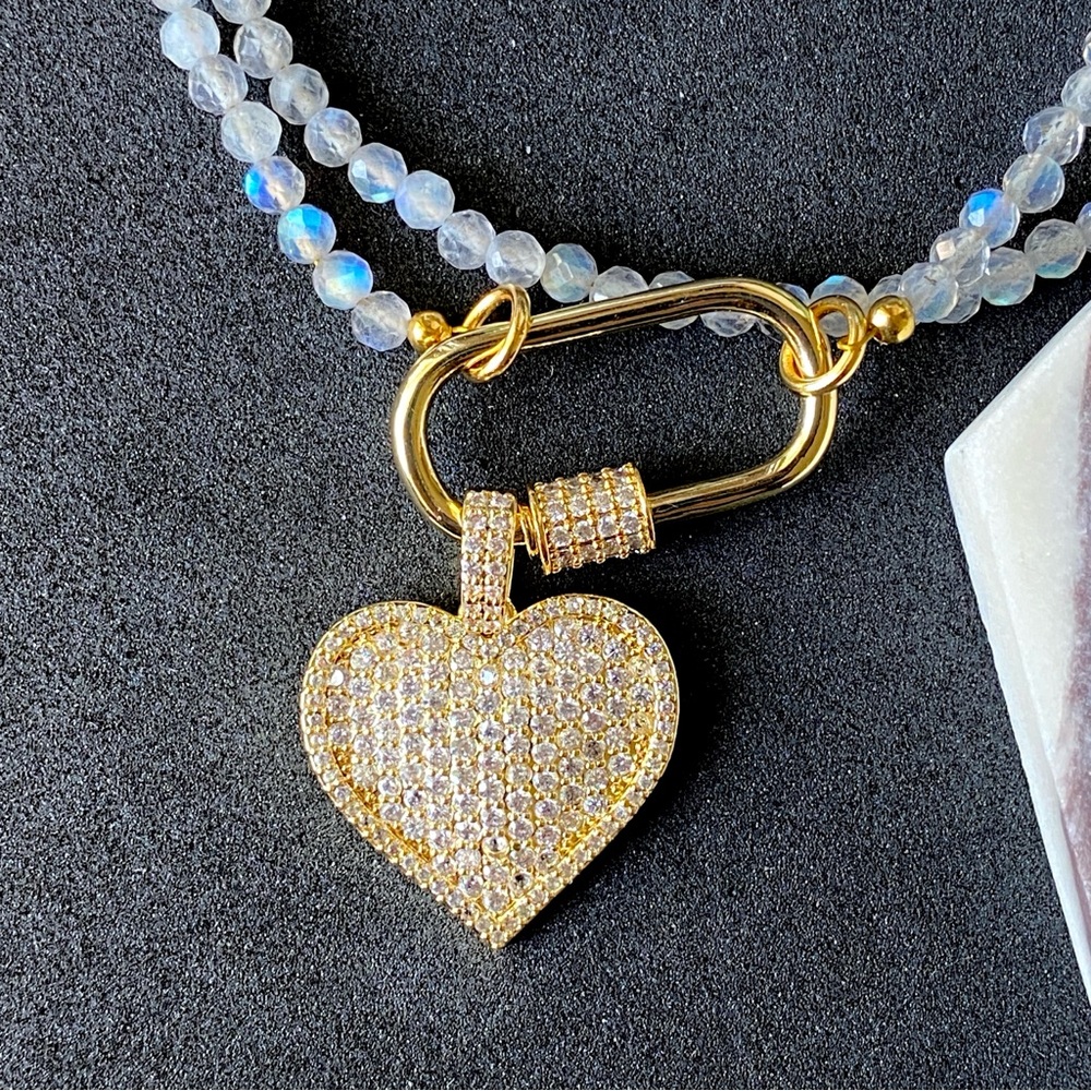 Heart Necklace CZ Gold Pendant and Labradorite Choker Carabiner front Clasp